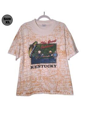 VINTAGE Kentucky The Great Outdoors Map USED Shirt (XL, Single Stitch, AOP)